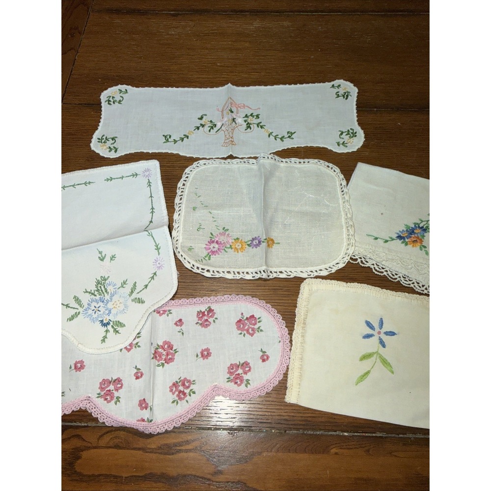 Vintage Hand Embroidered Small Fabric Linens Slow Stitch Lot Of 6